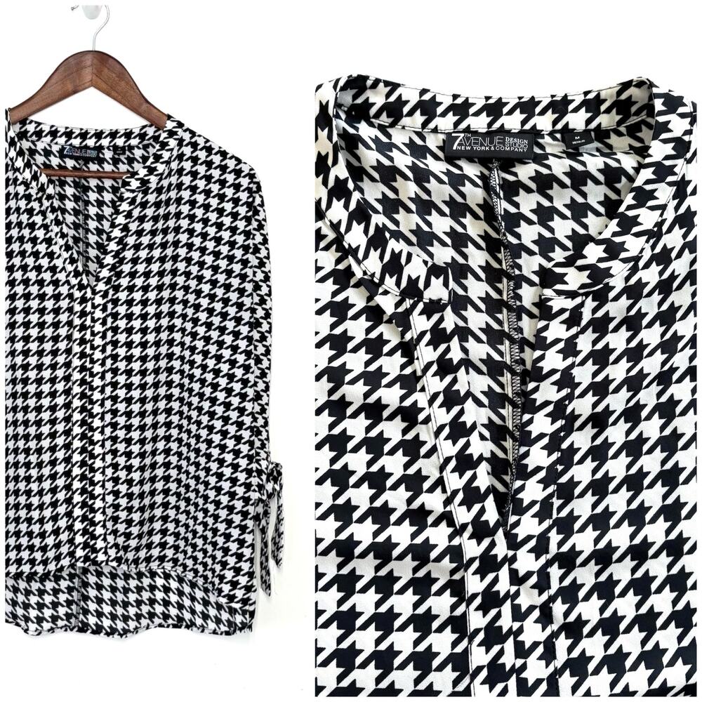 NY & Co Houndstooth Popover Blouse M Black White Business Casual Work Career Top